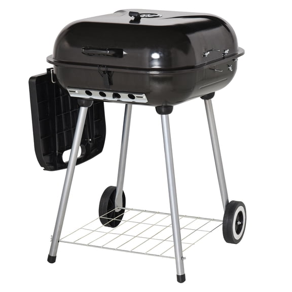 21" Portable Charcoal Grill - BBQ Smoker w/ Wheels & Shelf - Black