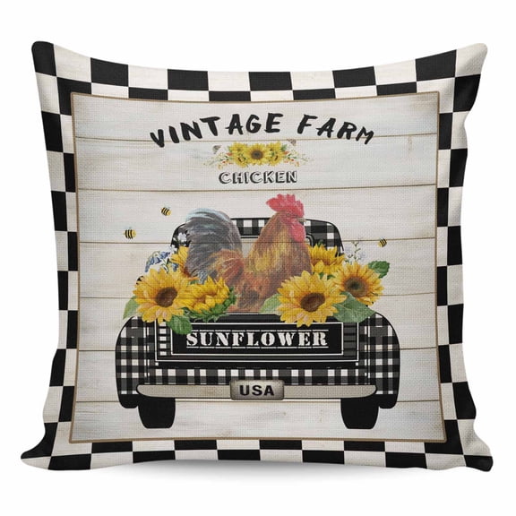 Country Chicken Pillow Covers 16x16 Inch Decorative Throw Pillow Cover, Rustic Car Sunflowers Farmhouse Black White Plaid Sofa Pillowcases Accent Cushion Case Home Decor Bedroom Living Room