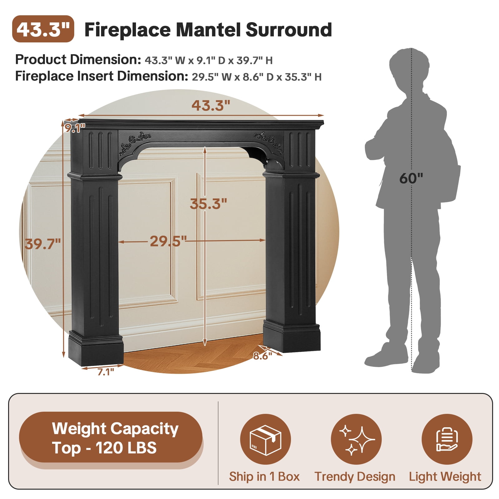 OUINCH 43.3" Fireplace Mantel, Freestanding Fireplace Surround with Leg for Electric Fireplaces, MDF Mantel Surround with Shelf for Living Room with Decorative Pattern, Anti-Tipping & Waterproof
