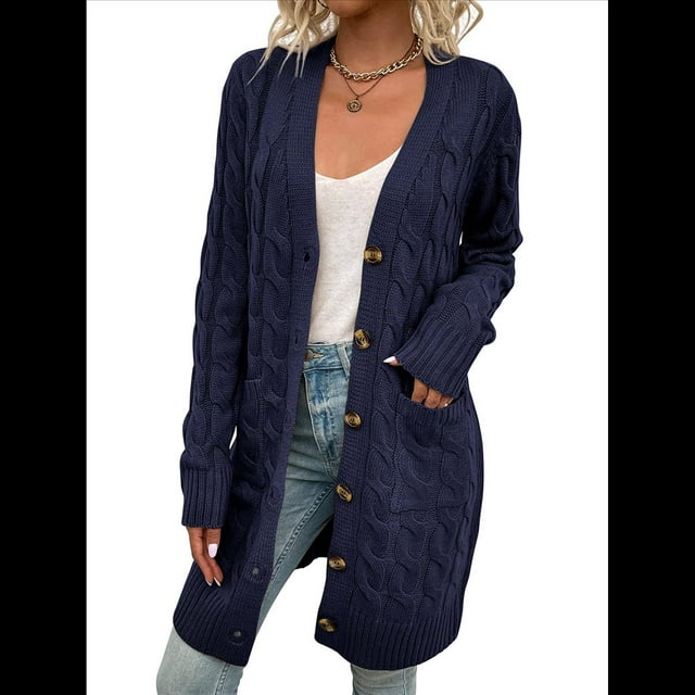Suéter Cárdigan de Larga para Mujer, Otoño e Invierno, Tejido de Punto , con Botones Delanteros, Abrigo Azul Oscuro XL