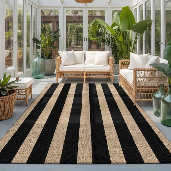 Black Stripes Washable Living Room Rugs 6'x9', Black Tan Striped Bands Rustic Farmhouse Boho Washable Throw Large Area Rug Non-Slip Sturdy Edge Binding Carpet for Dining Room Kitchen Office