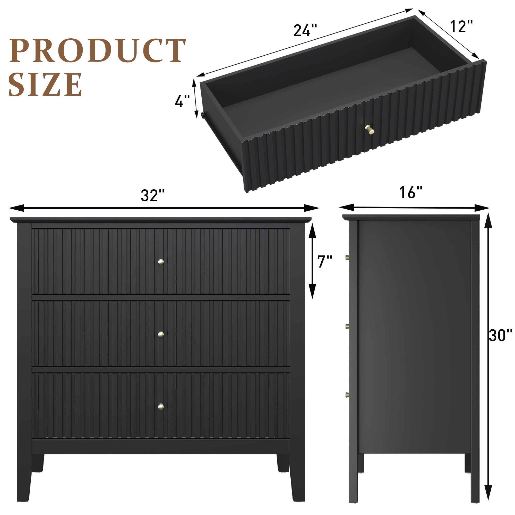 Mayincolor 3-Drawer Fluted Dresser Set of 2, Modern Wood Storage for Bedroom or Living Room, Black
