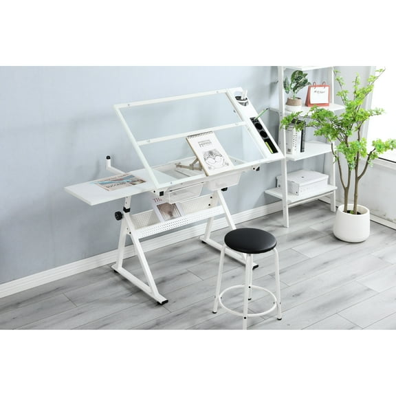 White Adjustable Drafting Table With Chair - Tempered Glass Surface, 0-75 Degrees Adjustable, Feet, Storage For Artists' Workspace Art Chair, Degrees, Drawers, , Abundant Facilities