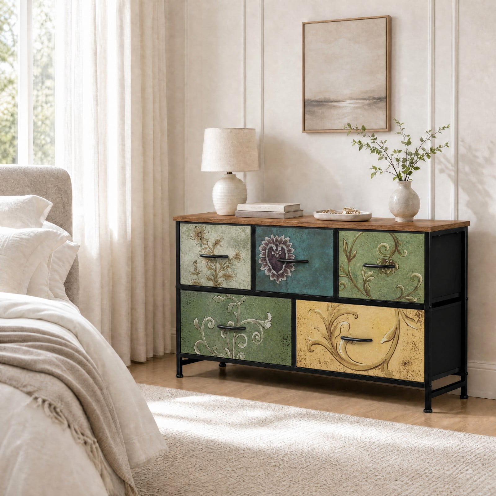 Telyra 5-Drawer Fabric Dresser TV Stand Organizer with Wood Top and Metal Frame, Floral Painted