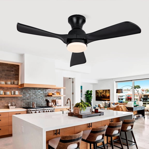 Black Ceiling Fan with Lights Flush Mount Ceiling Fan with Remote Control, ABS Blades Ceiling Fans for Bedroom/Farmhouse/Patio/Indoor 42 Inch