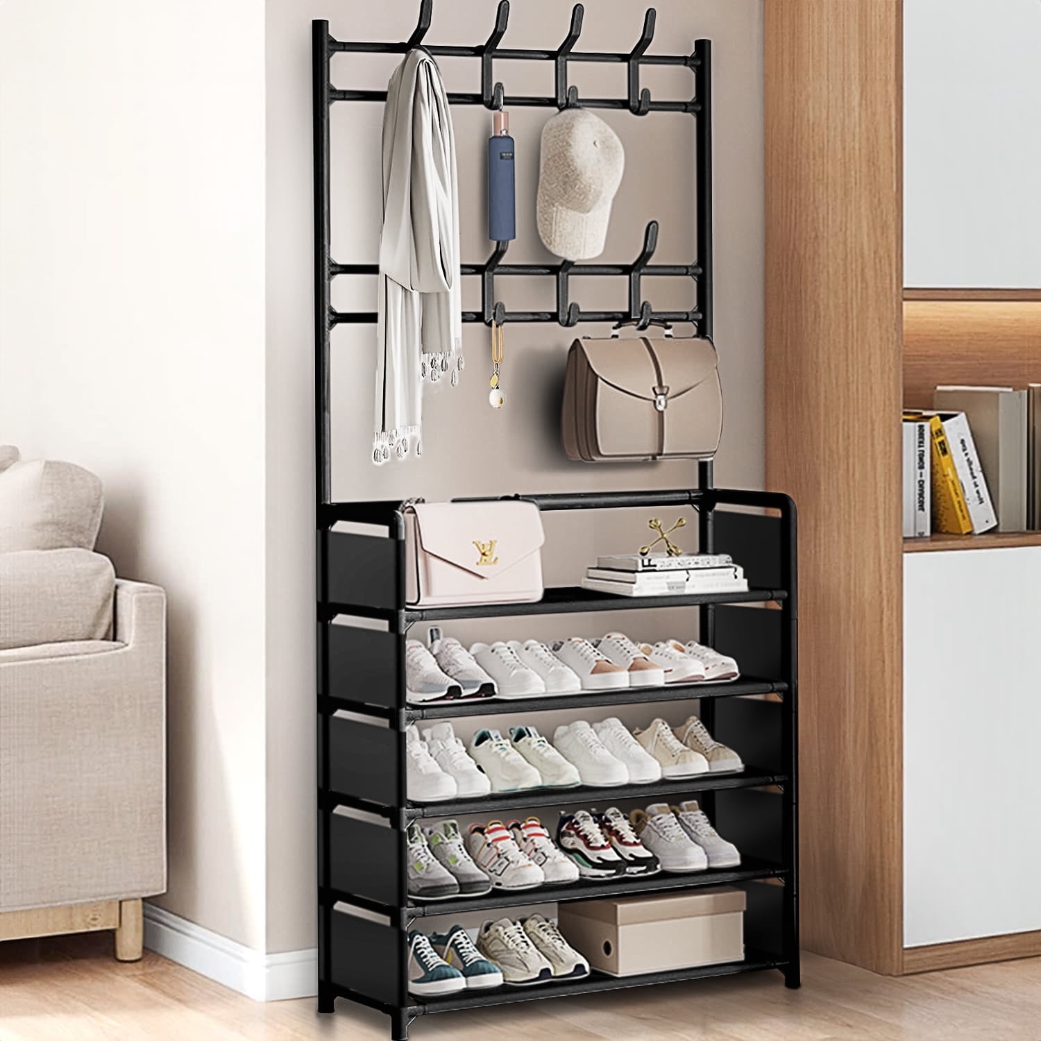 Brochao 5 Tiers Shoe Rack with Coat Rack, Shoe Organizer Storage with Hooks, Freestanding Shoe Shelf for Entryway, Hallway, Office, Black