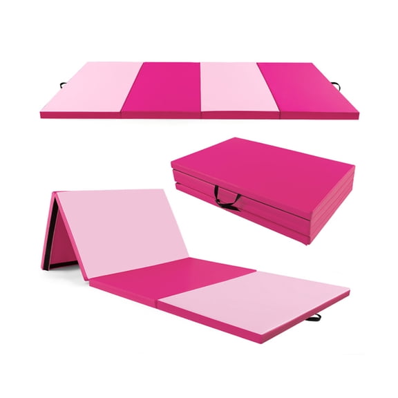 Demifill 4-Panel PU Leather Folding Exercise Mat with Carrying Handles, Folding Gymnastics Mat with 2" EPE Foam Padding, Exercise Mats for Home Gym Fitness Yoga, Hot Pink
