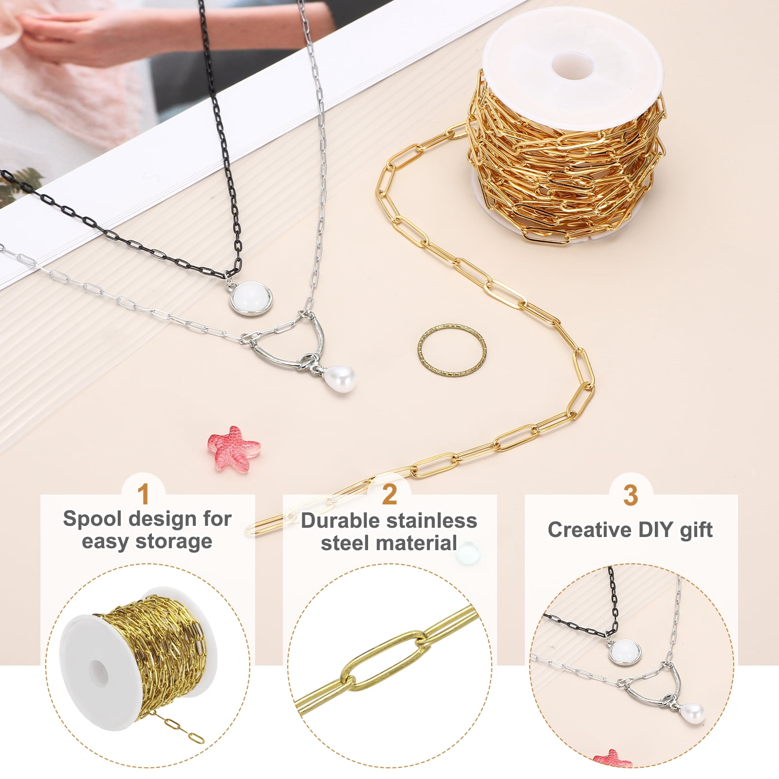 Uxcell 16.4 ft Paper Clip Chain, 4mm W Stainless Steel Chains for Jewelry Making, Gold