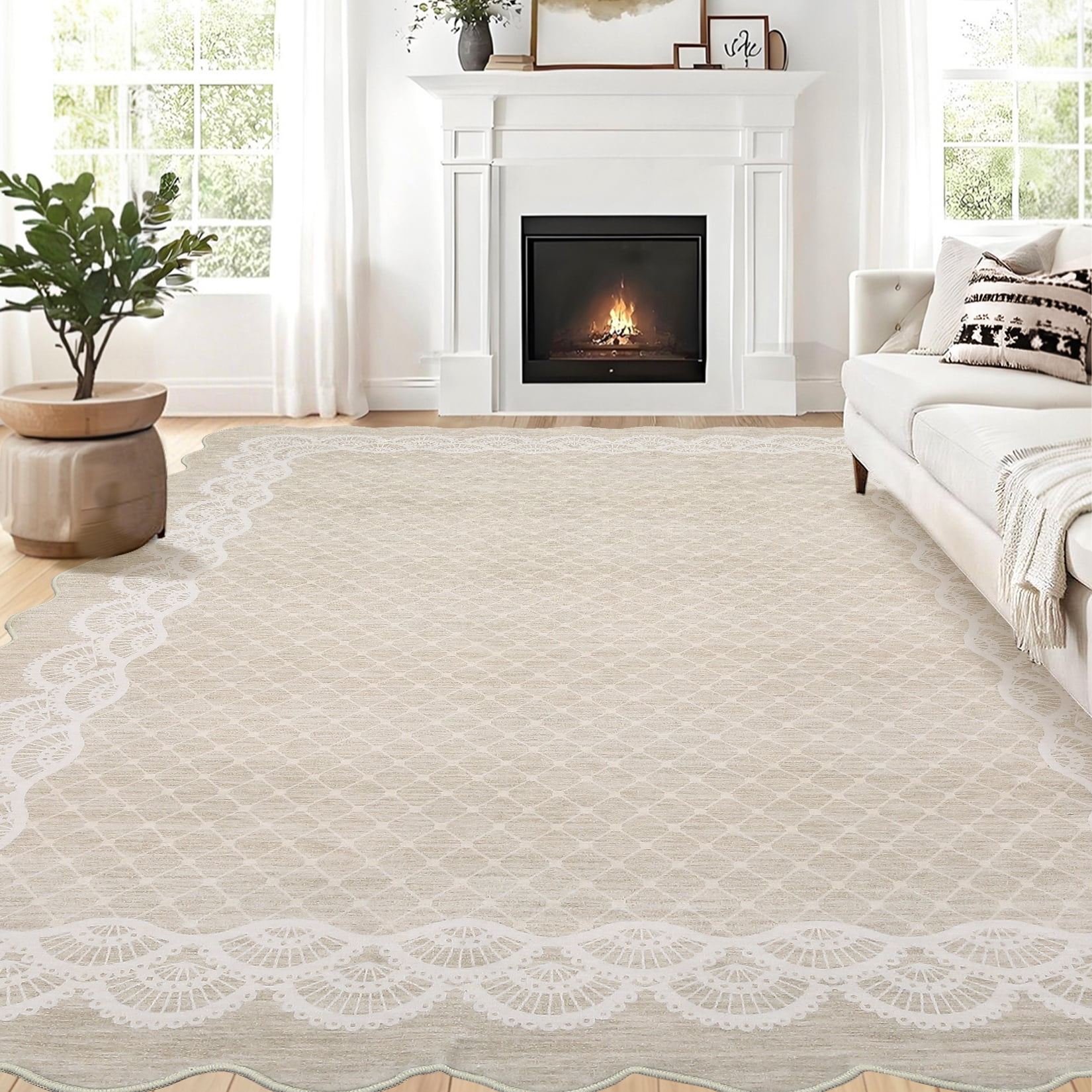 Hasoo Washable Living Room Area Rug 5x7 Modern Scalloped Border Non-Slip Soft Low Pile Indoor Beige Carpet