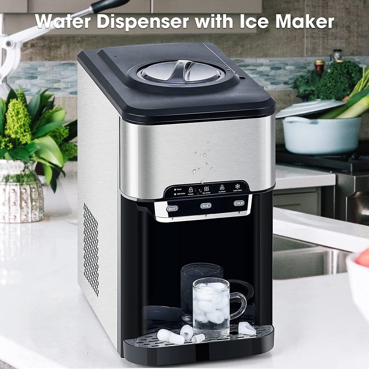 SOUKOO 3 in 1 Hot Cold Top Loading Water Dispenser with Built-in Ice Maker,  40lbs Daily Ice Cube Makers,Stainless Steel Ice Makers Countertop,Tabletop