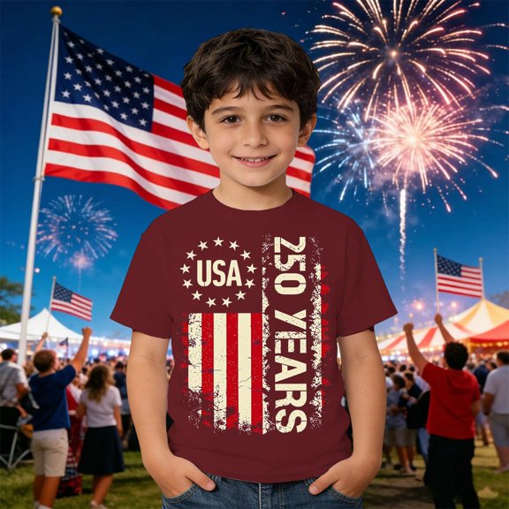 CCRFTGI 250th Anniversary Usa Shirt for Kids Boys Girls Size 7 Patriotic Casual 4th Of July 250th Anniversary Flag Outfits Red White and Blue Summer Shirts Festival T-Shirts Wine 11-12 Years