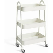 TINKLE WELL Multi-Purpose Rolling Utility Cart, 3-Shelf Duty Metal Organizer with Locking Wheels and Handle, Mobile Storage for Home Kitchen, Bathroom & Office, White