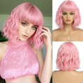 thumbnail image 1 of Short pink wig for women pink wig with bangs medium length synthetic, 1 of 5