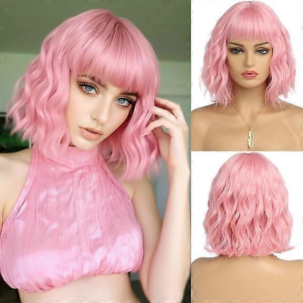 Short pink wig for women pink wig with bangs medium length synthetic