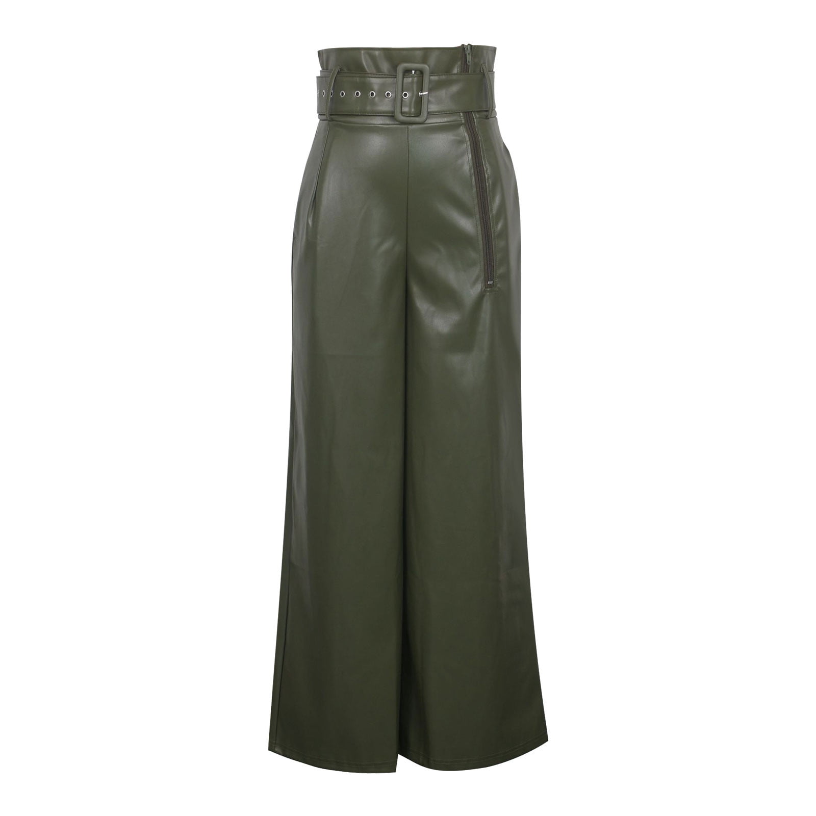 YueHuiYing Women's Fashion Solid-Color Casual High-Waisted Belted Pocket Pleated Flare Pants Faux Leather Pants