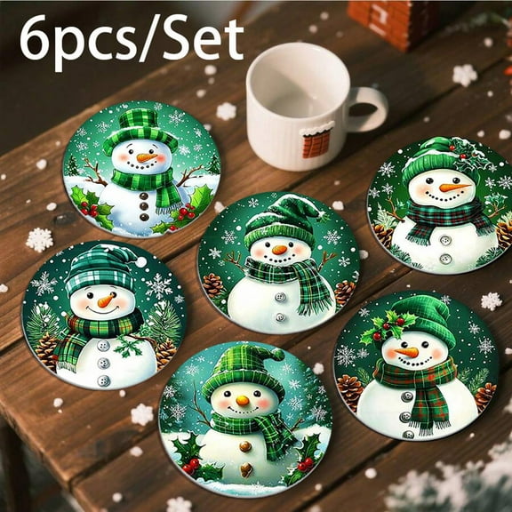 FastXmas 6 Pcs Christmas Round Shaped Cup Mat/Placemat Set,3.5 Inch Snowman Trees Snowflakes Pattern Christmas Round Placemats,Winter Round Table Mats for Dining,Festive,Home,Birthday Decoration