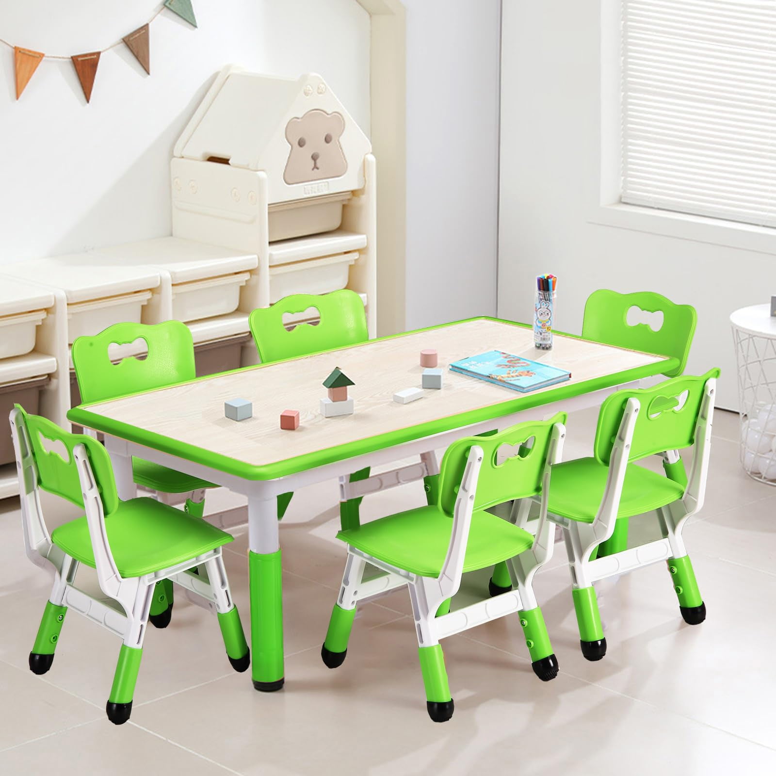 Huisuilinss Kids Table And Chair Set,Height Adjustable Desk With 6 Seats,Graffiti Desktop,Non-Slip Legs,Max 300lbs Children Multi-Activity Table For Ages 2-10,Classrooms Daycares Home