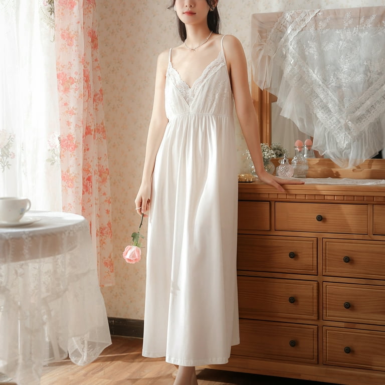 Homgro Women's Victorian Nightgown V Neck Cami Chemise Vintage Lounge  Sleeveless Sleep Dress White X-Large 