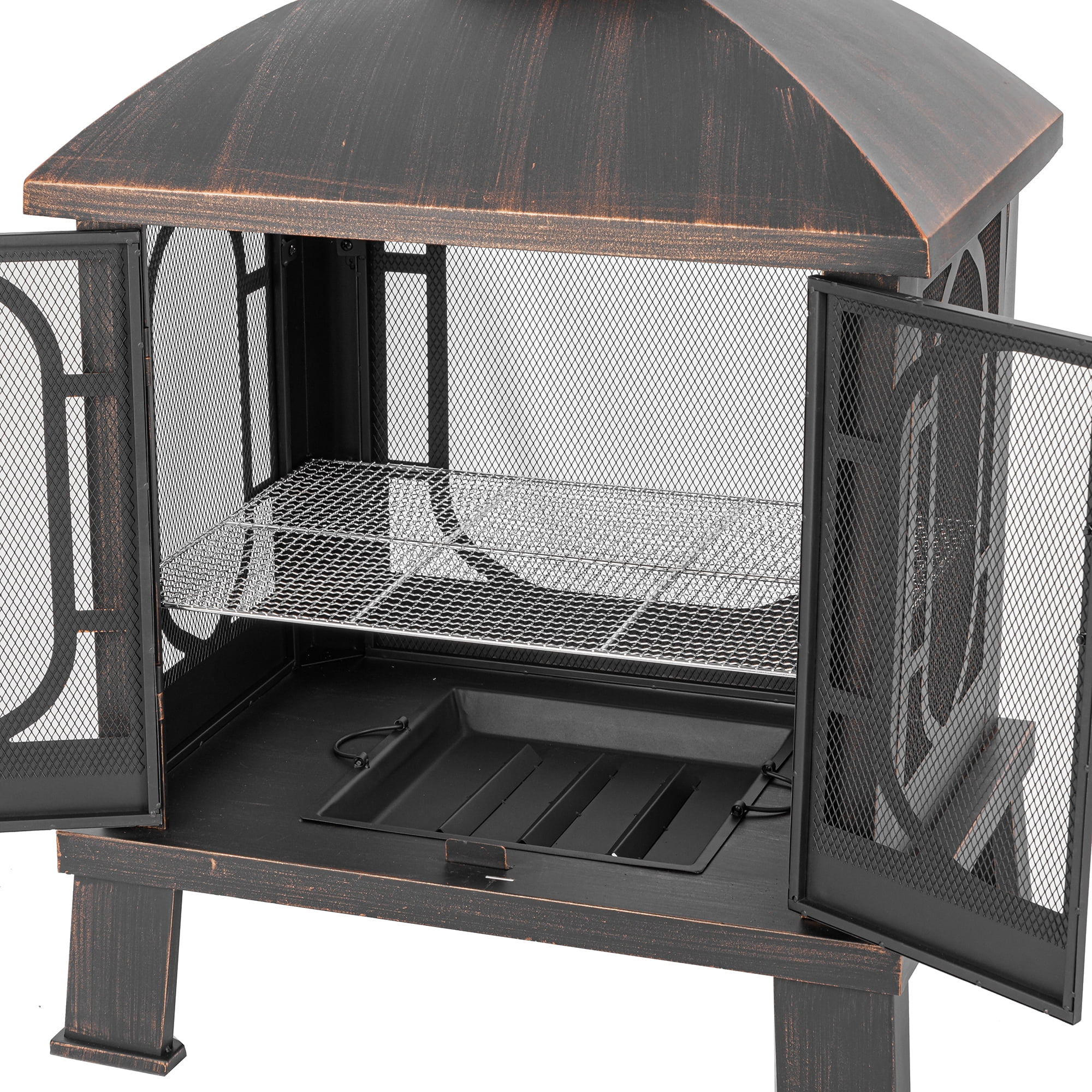 MistMo Metal Fire Pit, Outdoor Wood Bunring Fireplace with Grill for Backyard, Antique Bronze