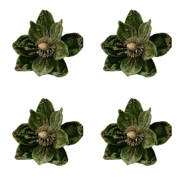 10" Large Glitter Christmas Flowers 4 Pcs Artificial Magnolia Flower Velvet Fold Christmas Tree Flower Decorations Xmas Tree New Year Party Wedding Ornaments