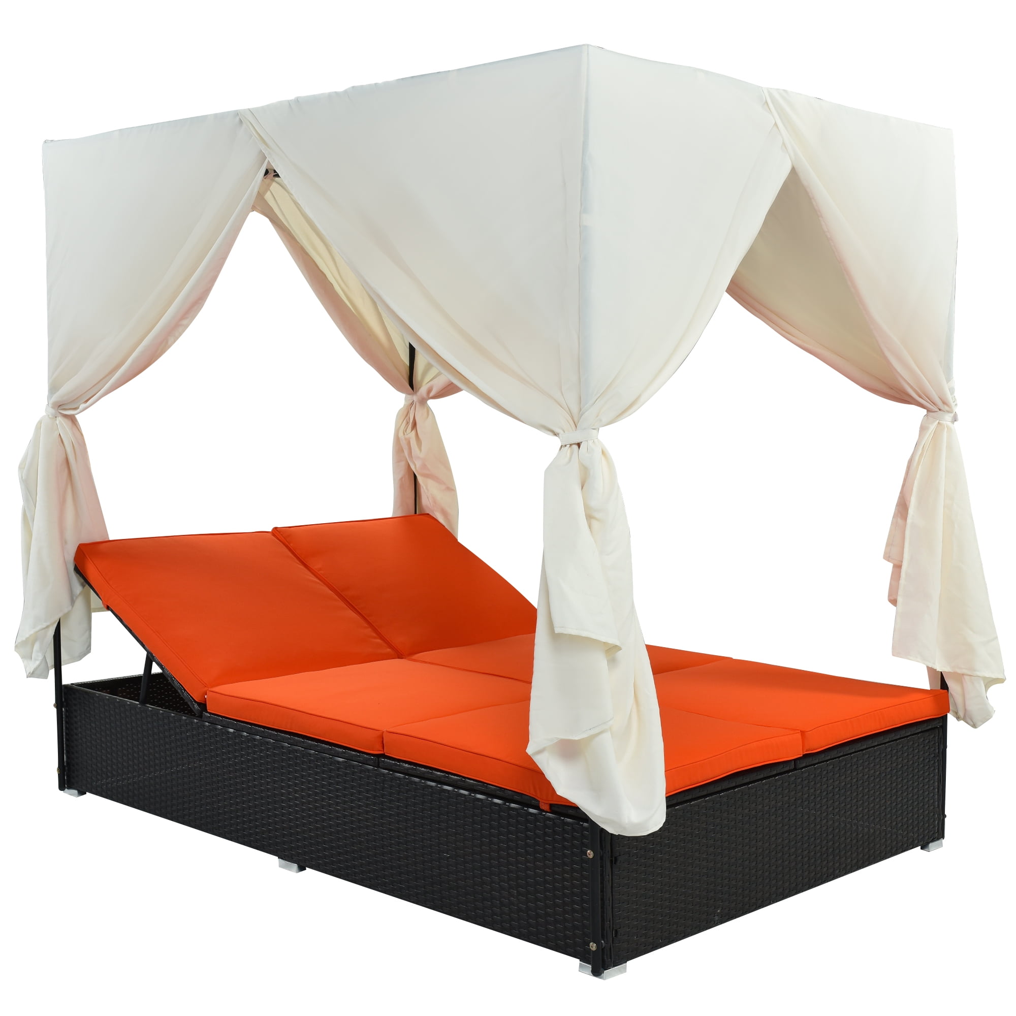 YIORTWO Outdoor Double Chaise Lounge Daybed with Curtains, Adjustable Backrest & Footrest, Steel Frame Loveseat Sofa for Backyard Poolside, Orange