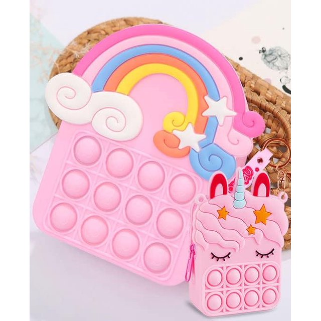 Aucma Paquete de 2 bolsos para niñas, juguetes, regalo, nube arcoíris, unicornio rosa, bolso cruzado, bolso para niños 3 4 5 6 7 8 9 10 11 12 años Cumpleaños San Valentín Calcetín navideño Cesta de Pa