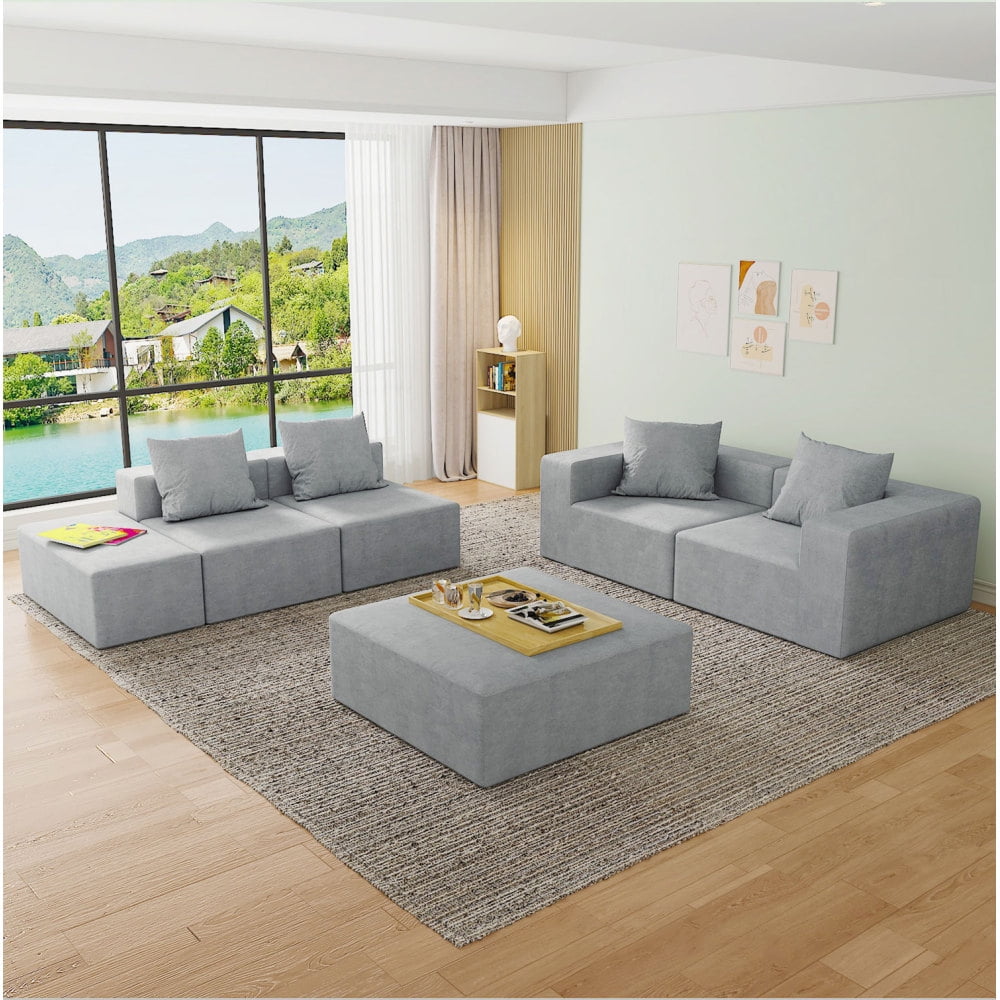 Gray Boneless Couch, Sectional Couches for Living Room, Modern Modular Sofa, 4-Seater with 2 Ottomans and Oversized Chaise