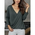 thumbnail image 4 of Women's Deep V Neck Long Sleeve Shirts Cross-Front Wrap Casual Tops 3/4 Sleeve Irregular Hem Blouses, 4 of 6