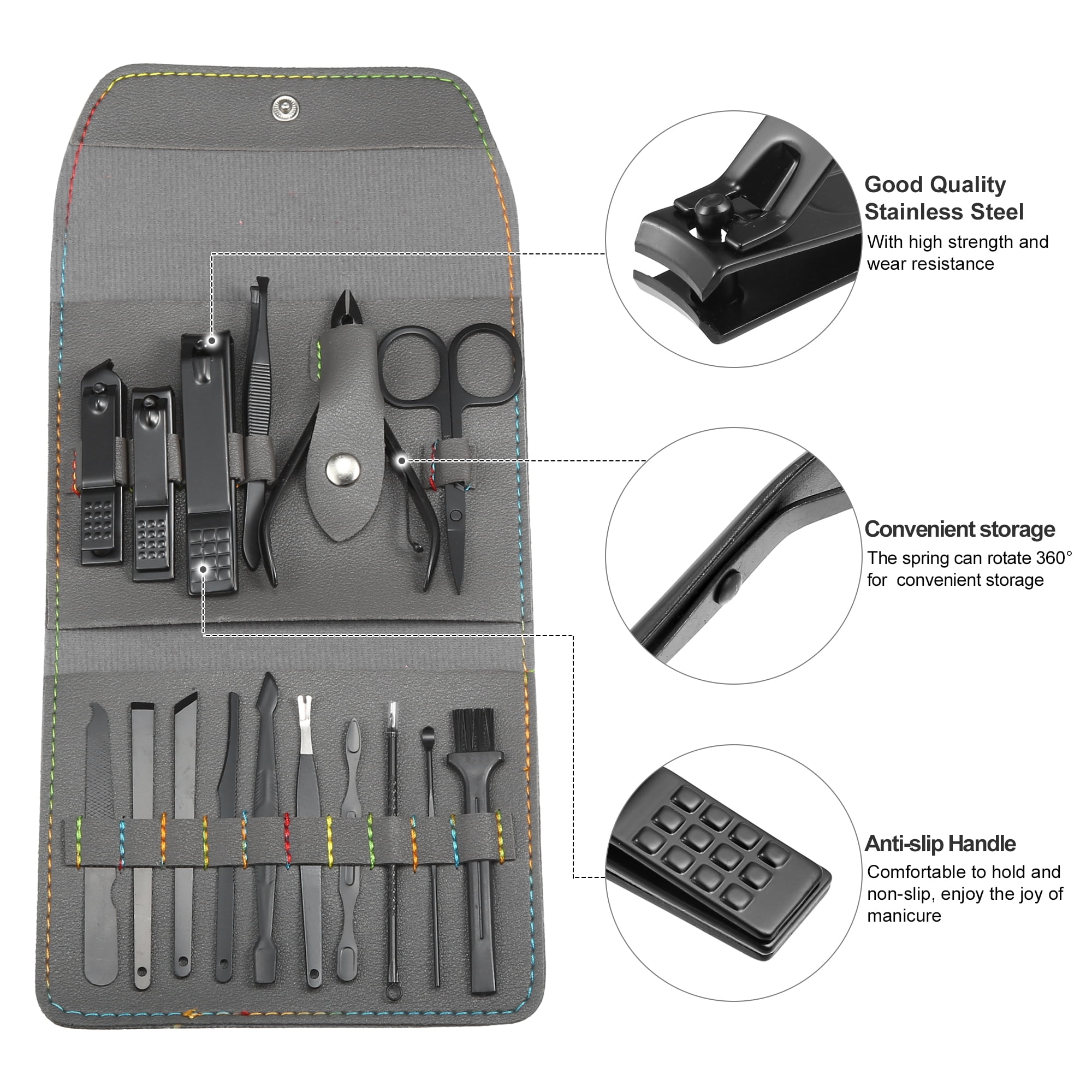 Unique Bargains 16 pcs Manicure Set with Gray PU Case Personal Care Stainless Steel Black
