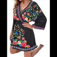 thumbnail image 1 of Vestido Mini Informal con Cuello en V, Estampado Floral, Mangas Acampanadas y Cintura Elástica para Mujer. Negro L, 1 of 10