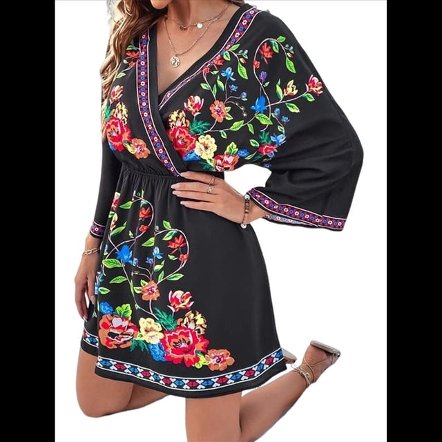 Vestido Mini Informal con Cuello en V, Estampado Floral, Mangas Acampanadas y Cintura Elástica para Mujer. Negro L