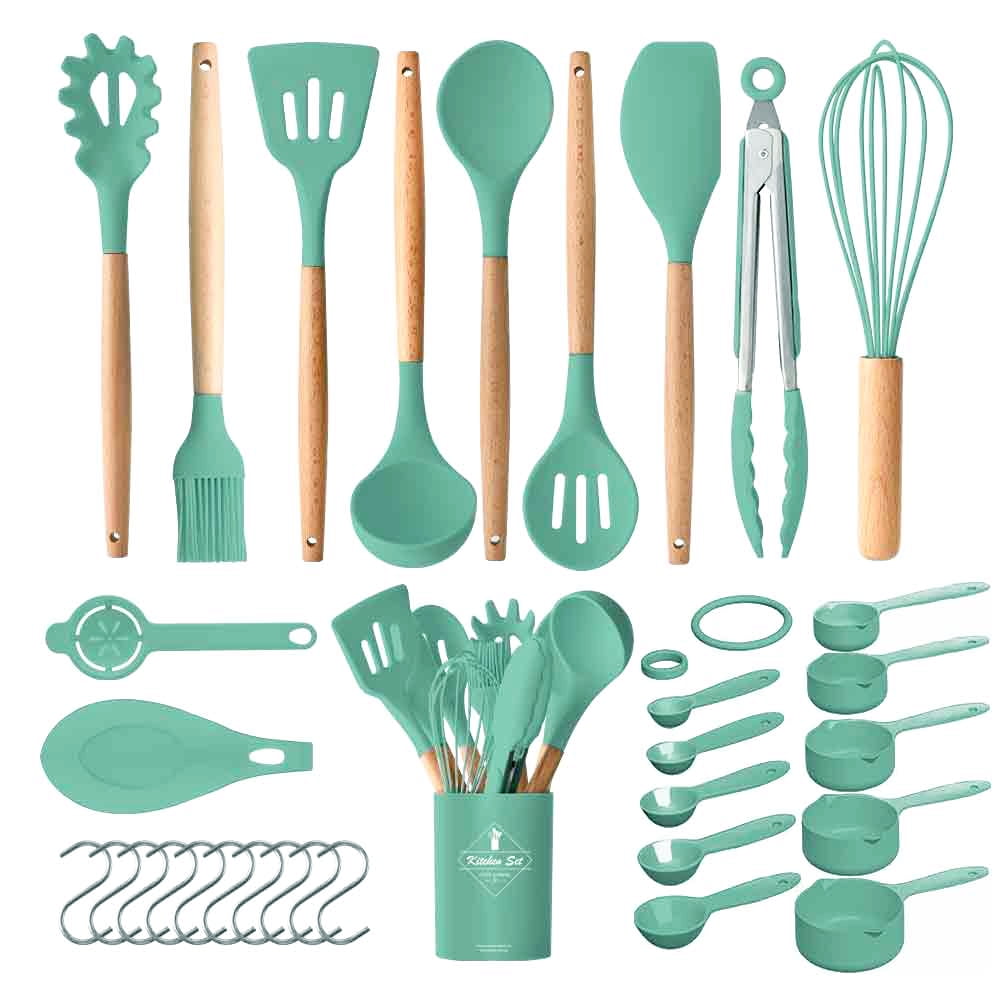 VIVAYO Kitchen Utensils Set, 32 Pcs Non-Stick Silicone Cooking Utensil Spatula Set with Holder, Wooden Handle Silicon Kitchen Set with Ladle Whisk, Tongs, Measuring Cups, Spoons,Green