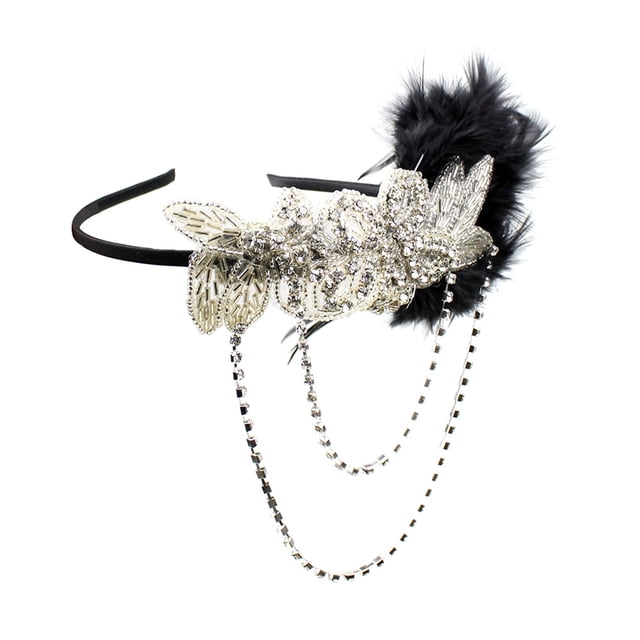 1 diadema delicada de plumas negras con borlas y diamantes de imitación