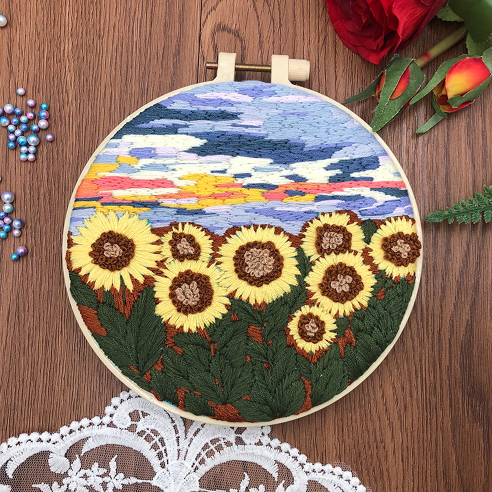 HVEST 3 Pack Embroidery Kit for Beginners - Sunflower Floral & Nature Scene with Embroidery Pattern, Hoop, Complete Cross Stitch Supplies (Needle/Threads/Scissors) DIY Craft for Adults Sewing Hobby