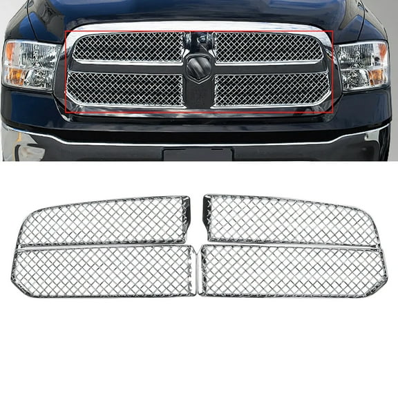NINTE Grille Overlay for 2013-2018 Dodge Ram 1500 ABS Mesh Grill Trim Chrome 4PCs
