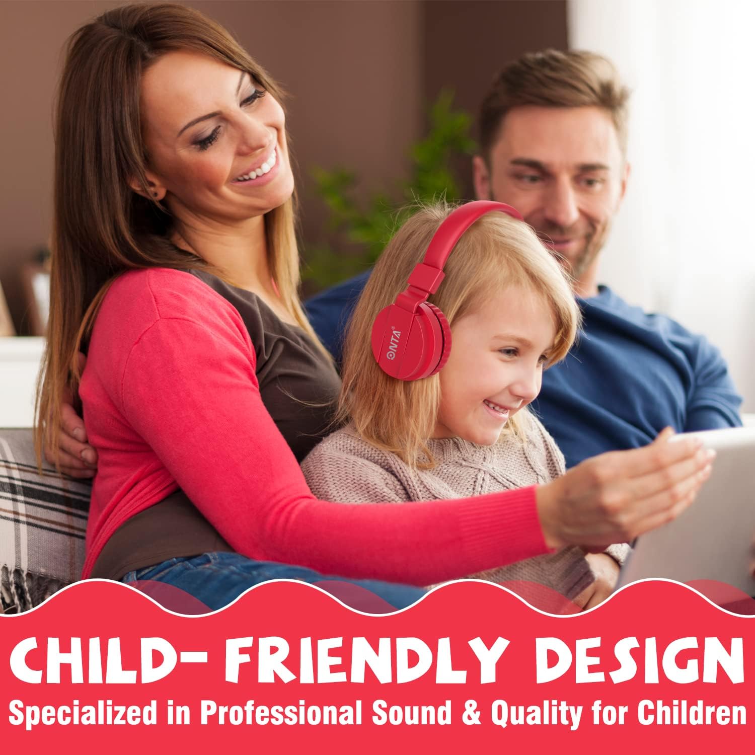 ONTA Kids Wired On-Ear Headphones, Red photo 7