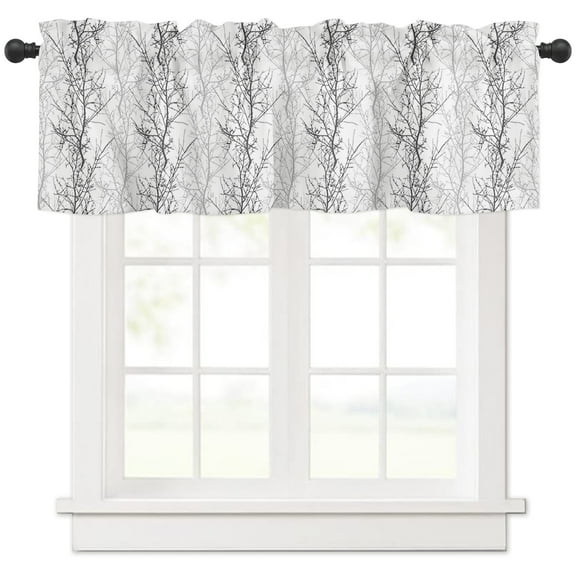 Hokiten Rod Pocket Curtain Valance, Black Gray Farmhouse Window Valance for Living Room, Bedroom, Kitchen Pastoral Botanical Branch Aesthetics 42"W x 12"L