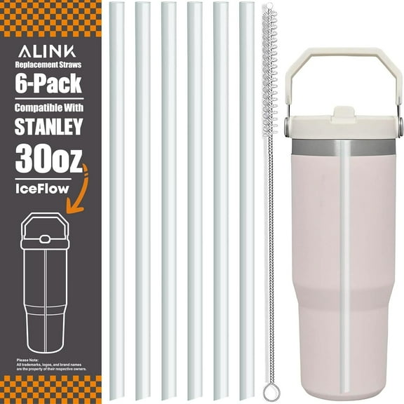 Replacement Straws for Stanley IceFlow 2.0 Flip Straw Tumbler 30oz, 6 Pack Reusable Clear Plastic Straws Compatible with 30oz IceFlow Cup with Cleaning Brush, Angled Design, Dishwasher Safe