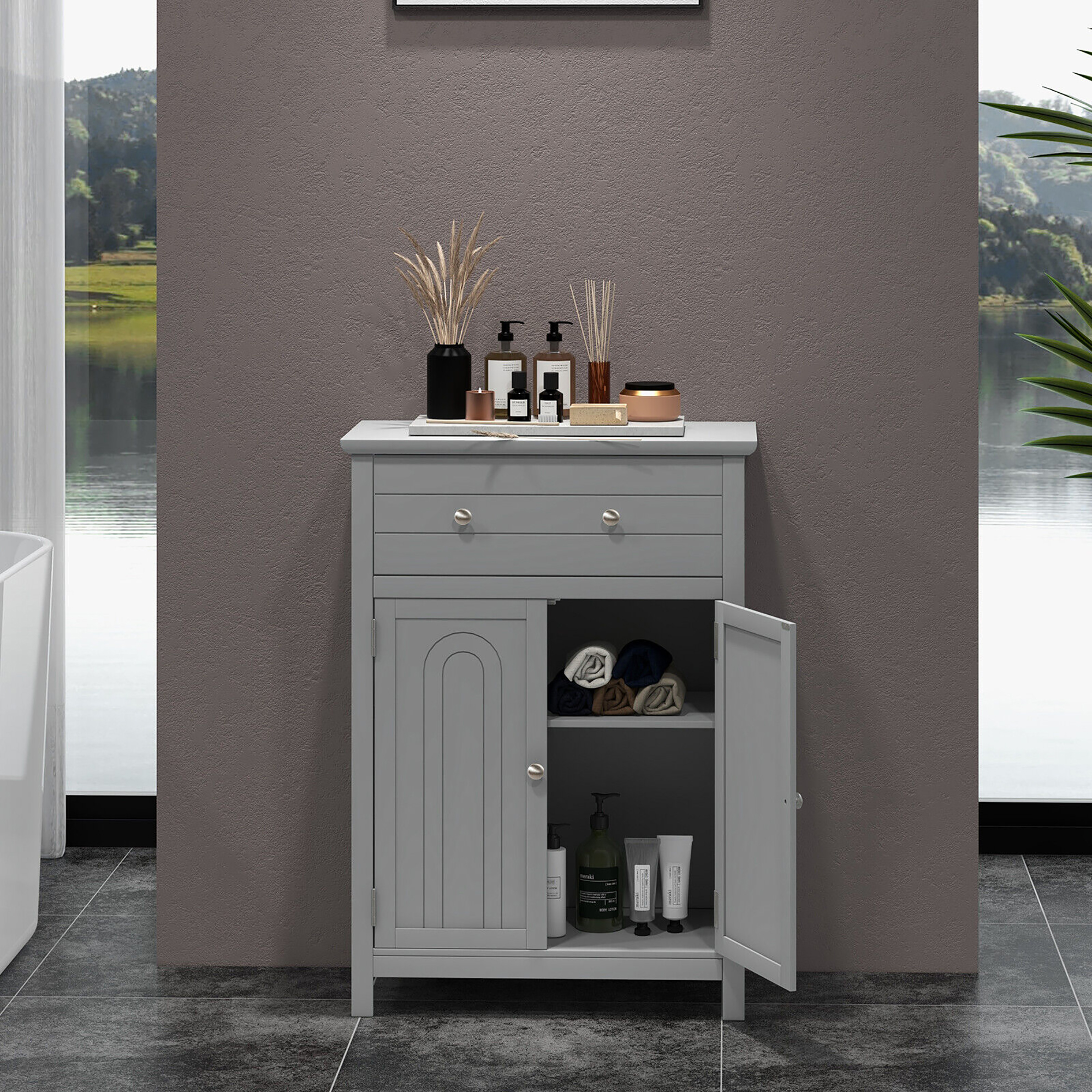 Gymax Bathroom Floor Cabinet Wooden Storage Organizer with Drawer & Doors Blcak