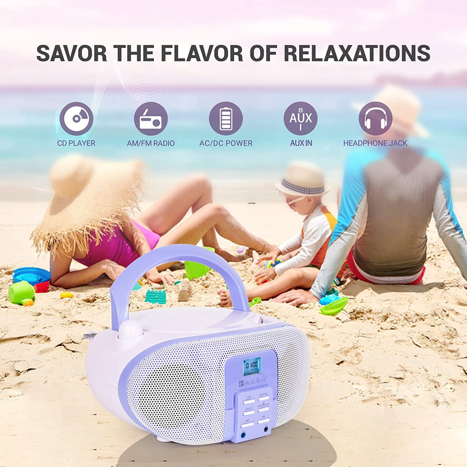 SingingWood GC01 Macarons Series Portable CD Player Boombox with AM FM Stereo Radio Kids CD Player LCD Display, Front Aux-in Port Headphone Jack, Supported AC or Battery Powered -Lavender