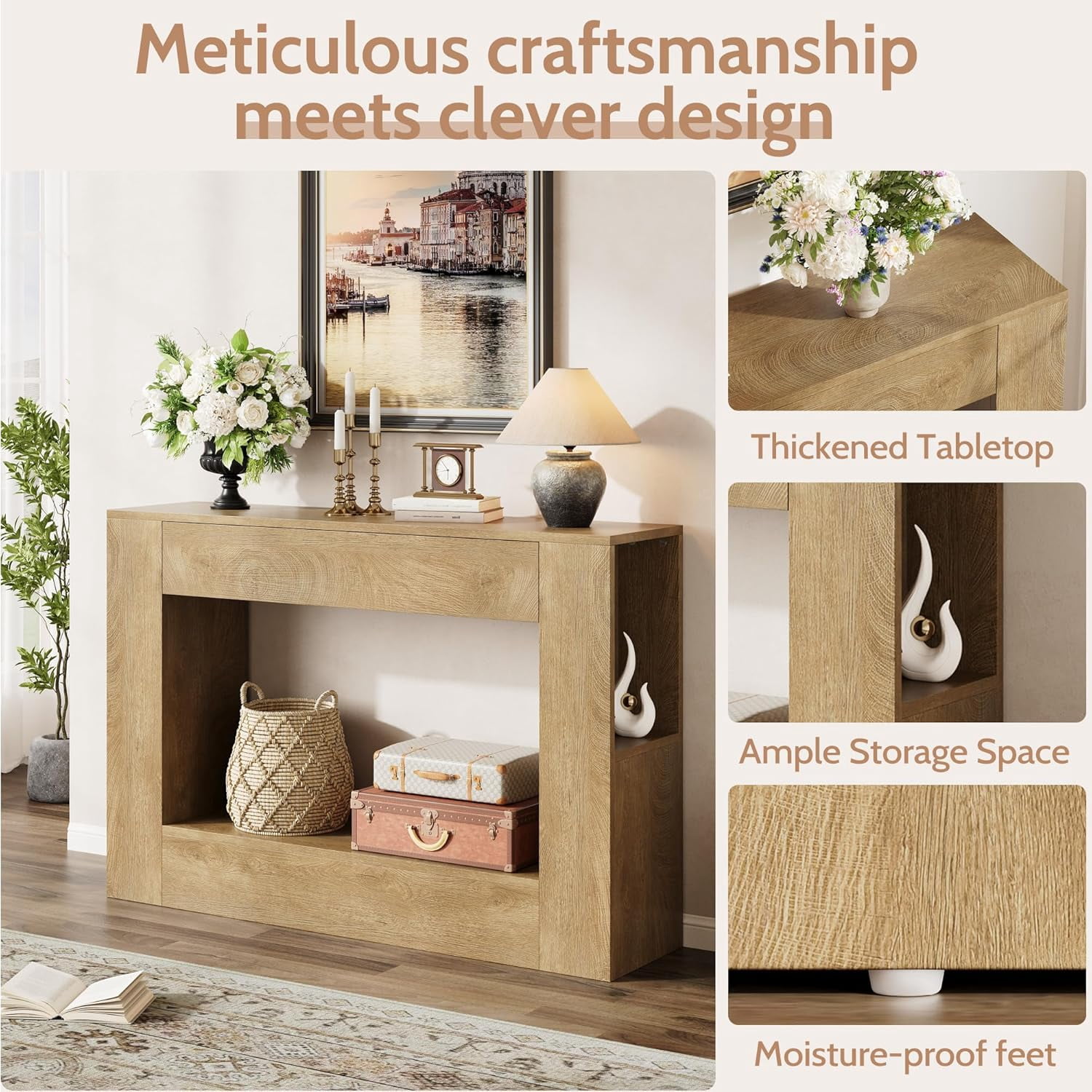 Vividwood 47" Farmhouse Wood Console Table with Drawer and Storage Shelves, Natural