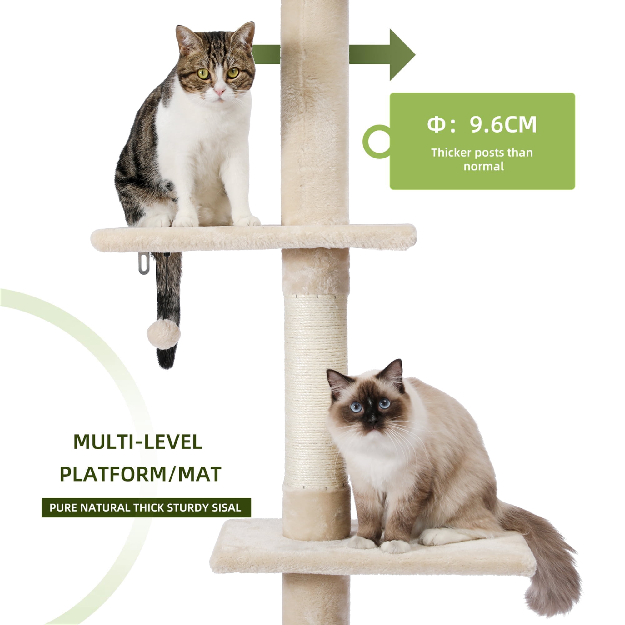 Pefilos Cat Tree Tower Interactive Adjustable 90"-108" Tall, 5-Tier Floor to Ceiling Cat Tower for Indoor Cats, Beige