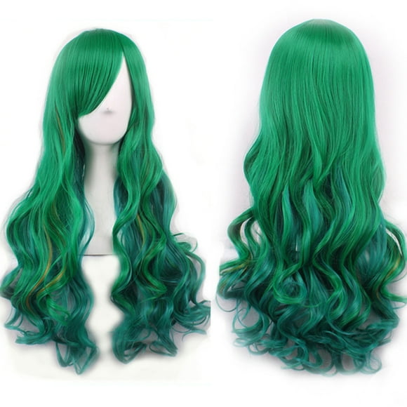 Lubelski Natural Hairpiece Women Gradient Green Long Curly Wig Fluffy for Cosplay Party