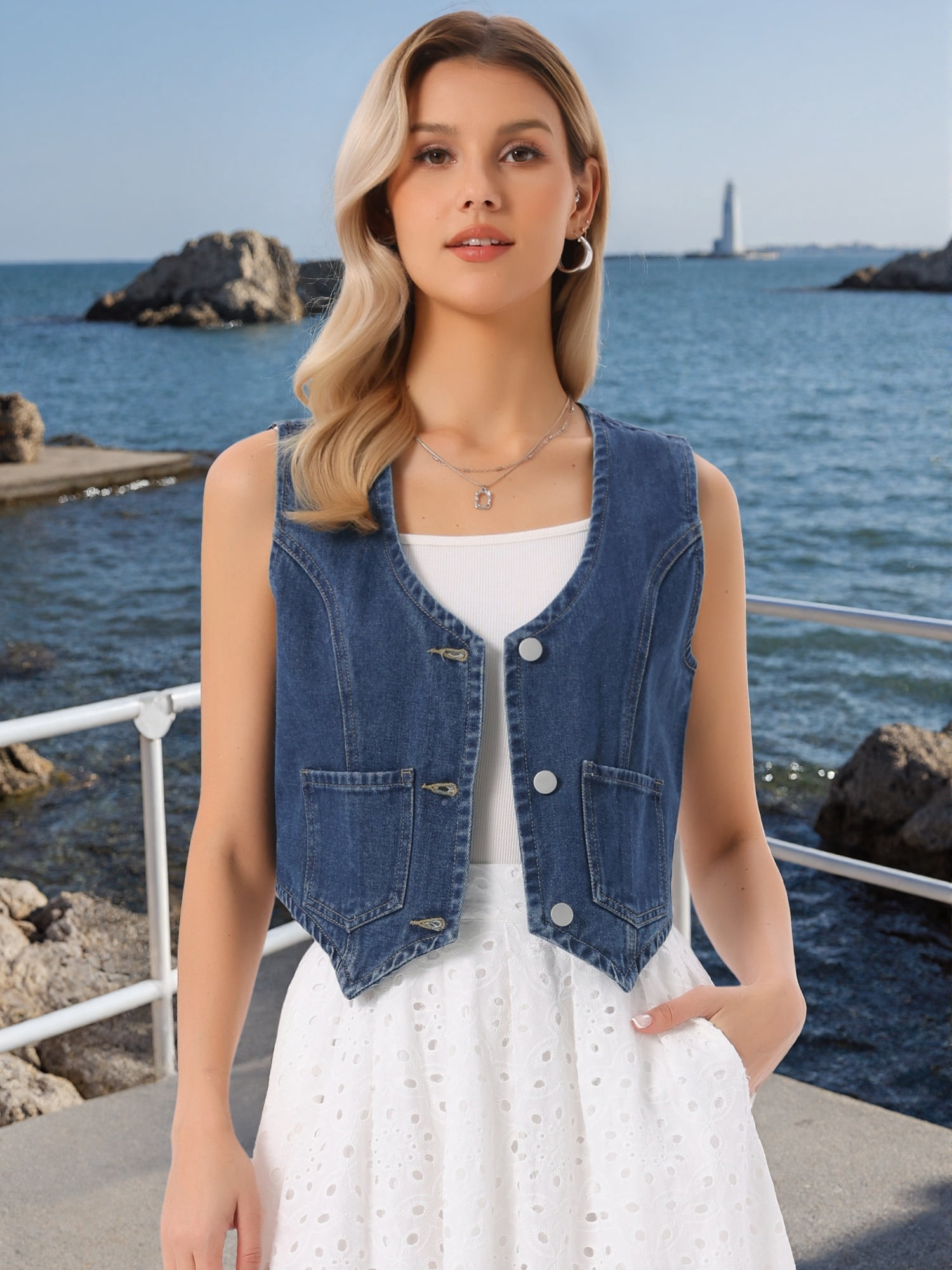 DARING DIVA Women's Denim Vest Sleeveless Button Down Cropped Waistcoat S Vintage Blue