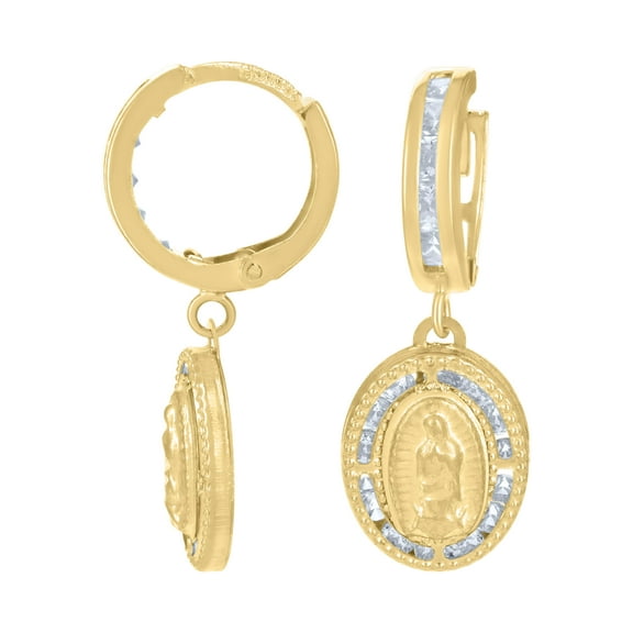 10kt Real Yellow Gold Mens Cubic-Zirconia Guadalupe Dangle Hoop Earrings