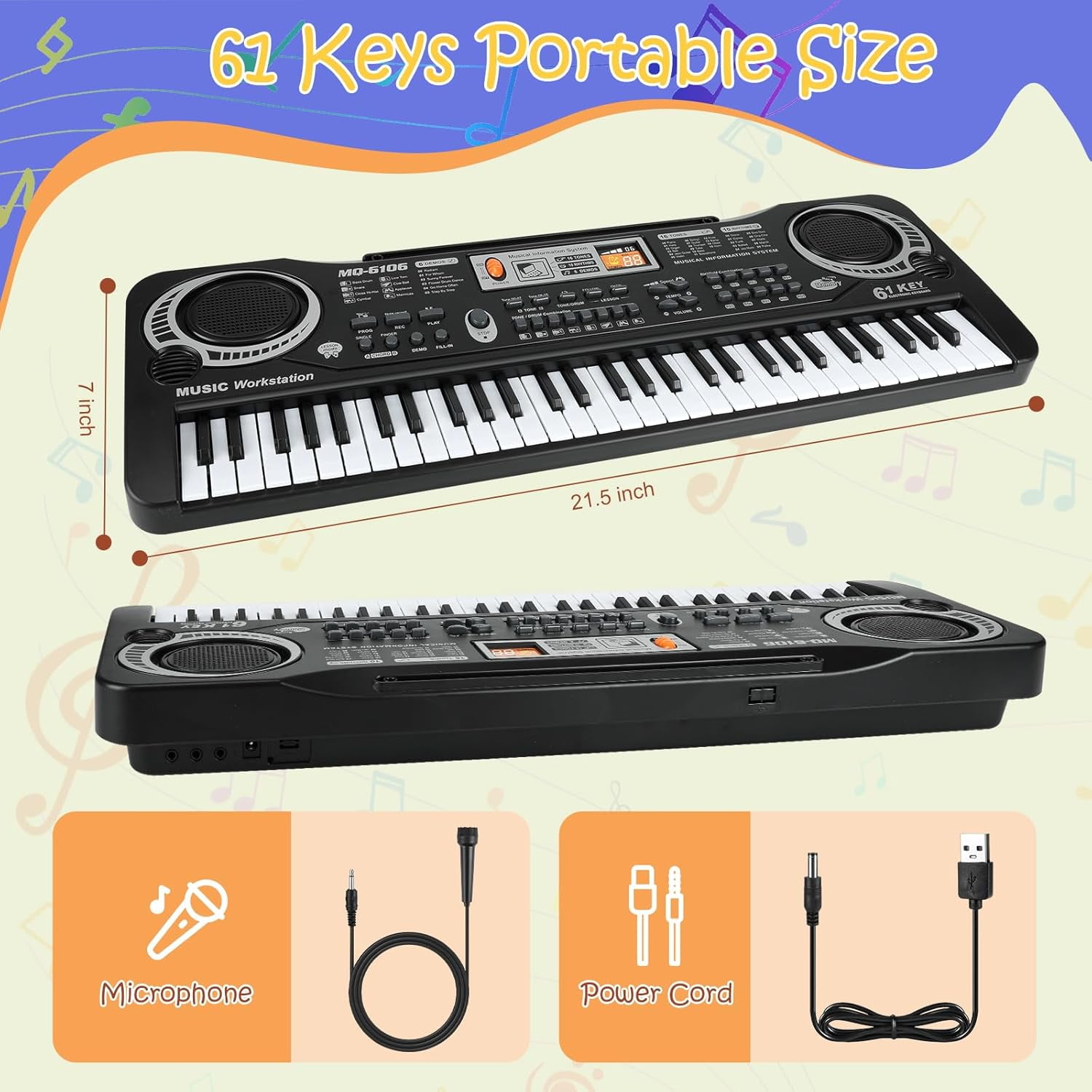 Mixfeer 61 Key Keyboard Piano, Electronic Keyboard Piano with Microphone for Kids Gift, Black