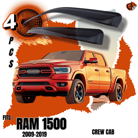 GIT Rain Guard Side Window Wind Deflector for 2009-2019 Dodge Ram 1500 Crew Cab: Out-Channel, Easy Mount, Tinted Smoke Black
