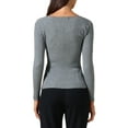 thumbnail image 3 of Women's V-Neck Knitted Sweaters Ruched Button Tops Slim Fit 2025 Long Sleeved T-Shirts L Gray, 3 of 6