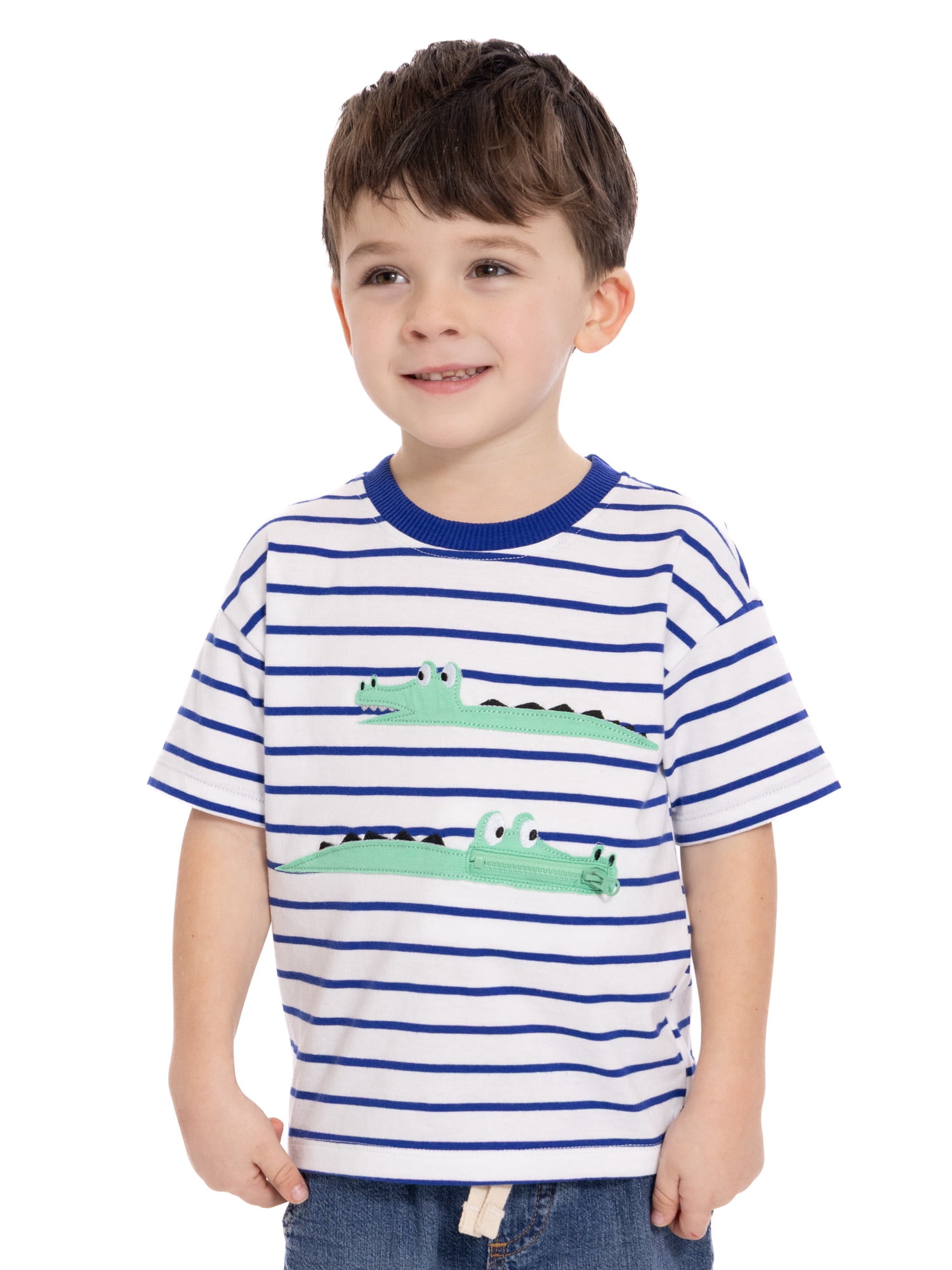 Wonder Nation Toddler Boys Short Sleeve Striped Graphic Tee with Zipper Pocket, Sizes 12M-5T