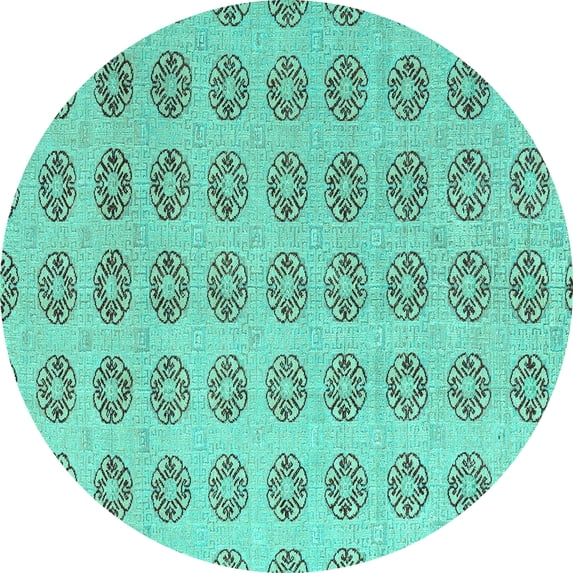 Ahgly Company Machine Washable Indoor Round Abstract Turquoise Blue Modern Area Rugs, 4' Round